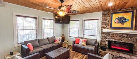 Smart TV, fireplace, books