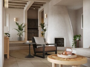 Smart-tv, een open haard en een stereo