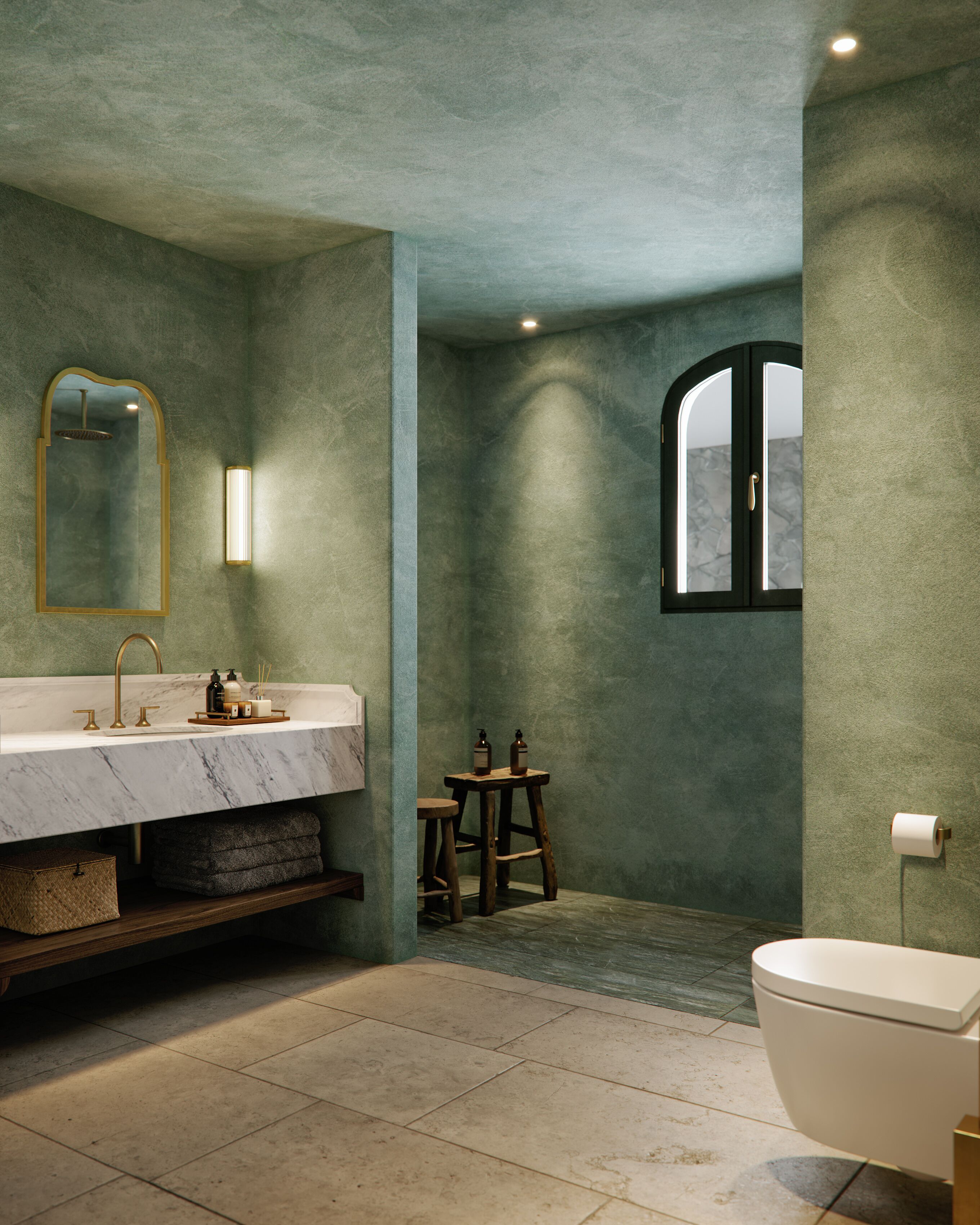 Une salle de bain avec un lavabo en marbre, une baignoire sur pieds et un tabouret en bois.