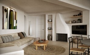 Smart TV, chimenea, estéreo