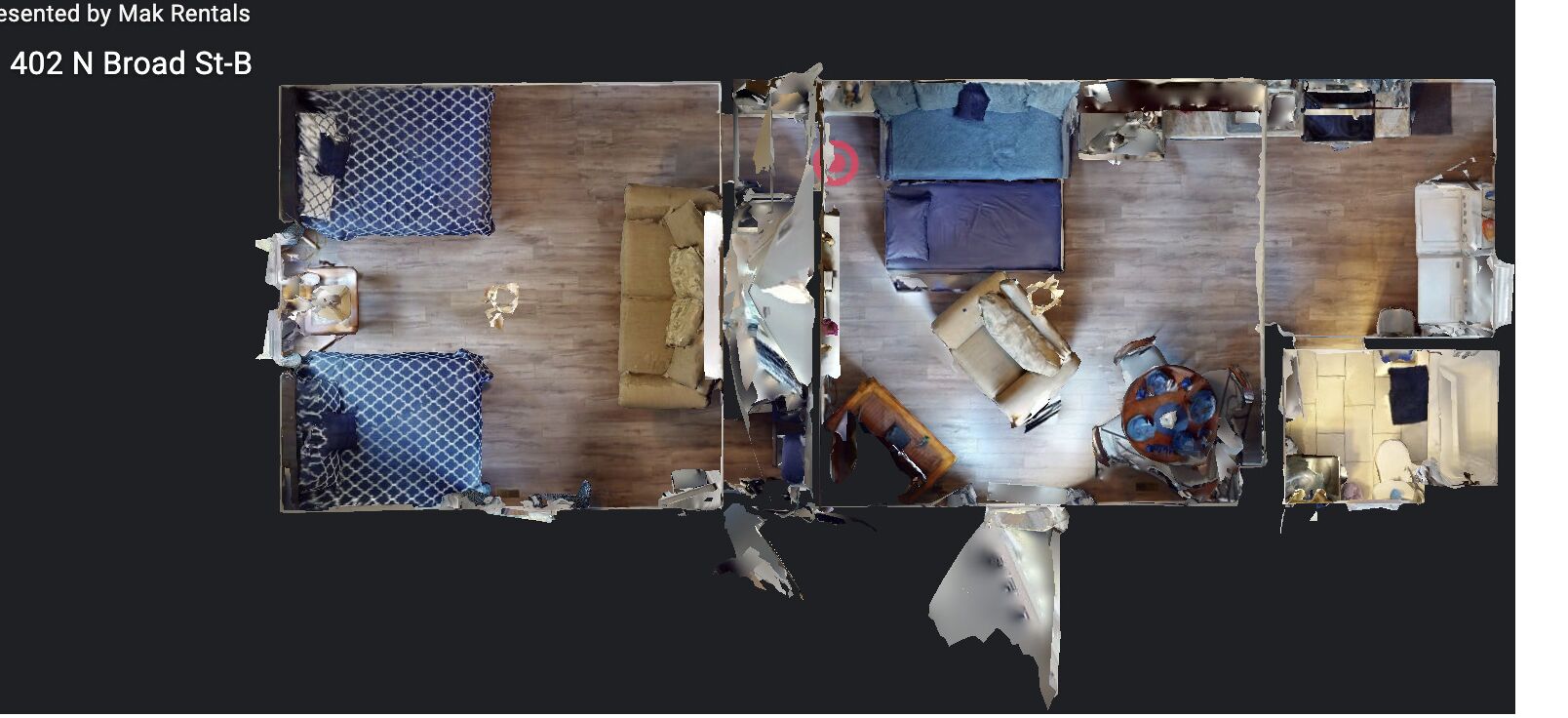 A 2D floor plan of a room with a bed, a sofa, a table, and a chair.