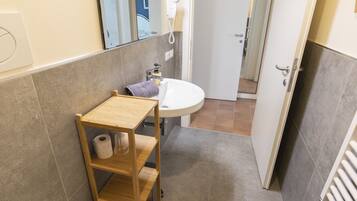 Shower, hair dryer, bidet, towels