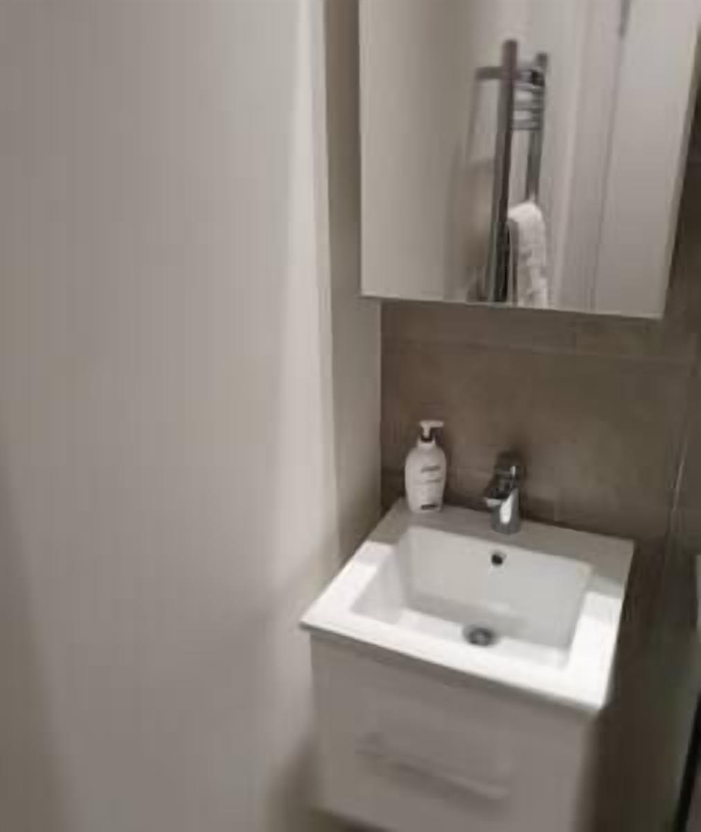 A bathroom with a white sink, a mirror above it, and a towel rack.