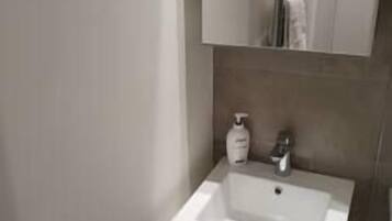 A bathroom with a white sink, a mirror above it, and a towel rack.