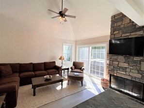 TV, fireplace, video games, stereo