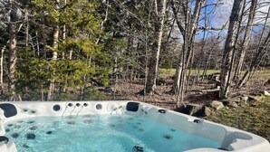 Een hottub in een bebost gebied.