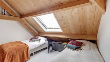 A dormitory room with two beds, a skylight, and a desk with a chair.