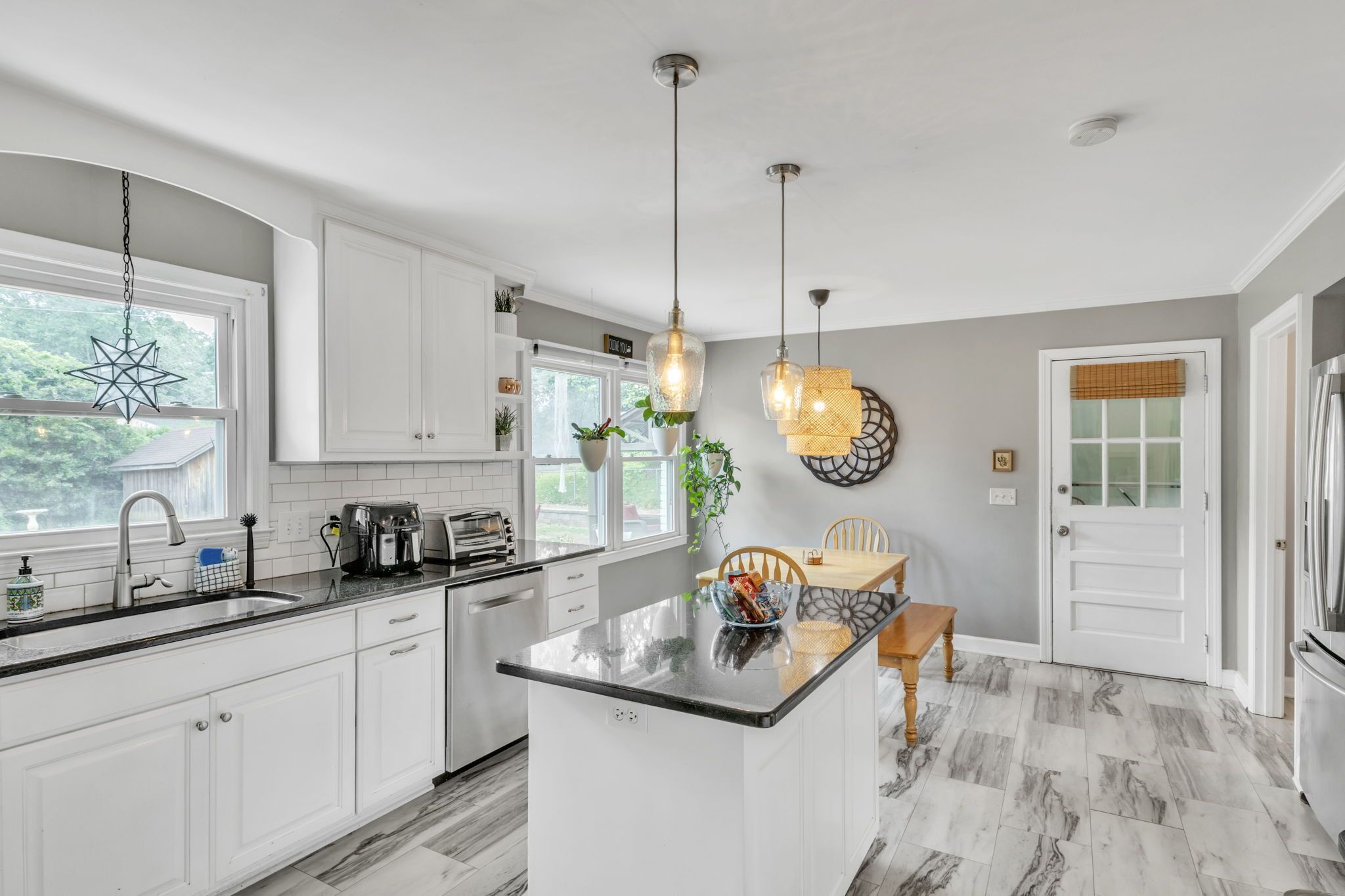 Fridge, microwave, toaster, cookware/dishes/utensils