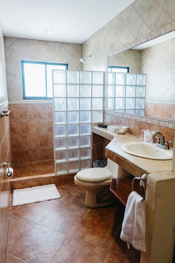 A bathroom with a shower, toilet, sink, and large mirror.