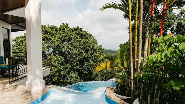 Zona de piscina con vistas despejadas a la exuberante vegetación circundante y un área de descanso cubierta.