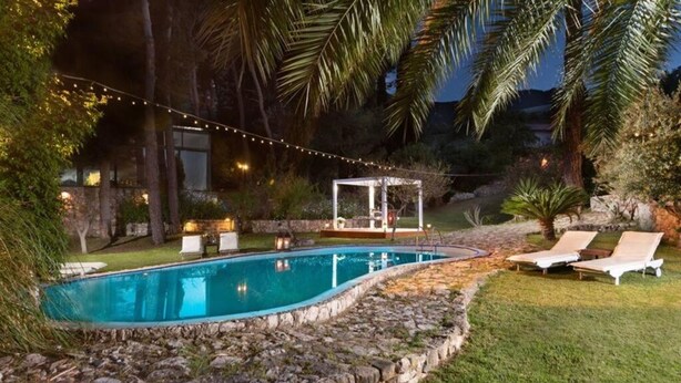A swimming pool with stone edging, surrounded by a grassy area and palm trees. - Agrology Lux (Rhodes)