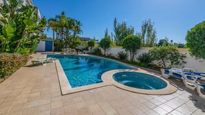 Ein Pool mit Whirlpool, umgeben von gefliestem Boden und Grünpflanzen.