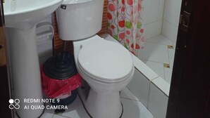 A bathroom with a toilet, sink, and shower area.
