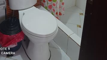 A bathroom with a toilet, sink, and shower area.