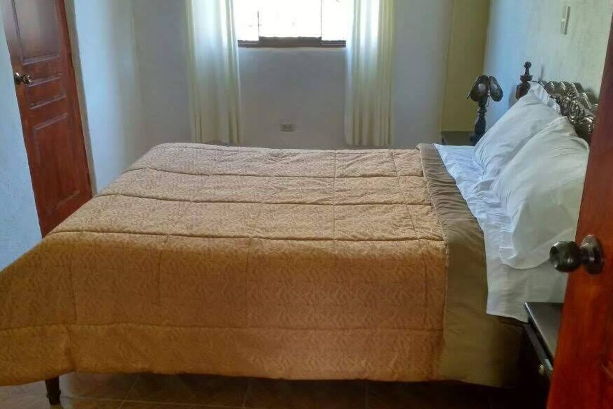 A bedroom with a bed, a wooden door, and a window with curtains.