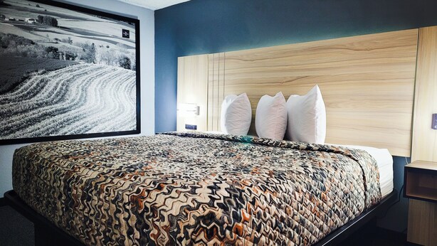 A hotel room with a large bed, a headboard with three pillows, a wall-mounted TV displaying a snowy landscape, and a wooden nightstand with a lamp.