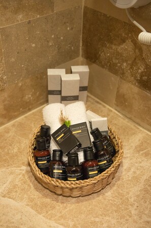 Shower, rainfall showerhead, designer toiletries, hair dryer