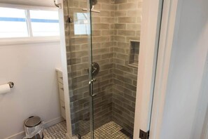 Shower, hair dryer, shampoo