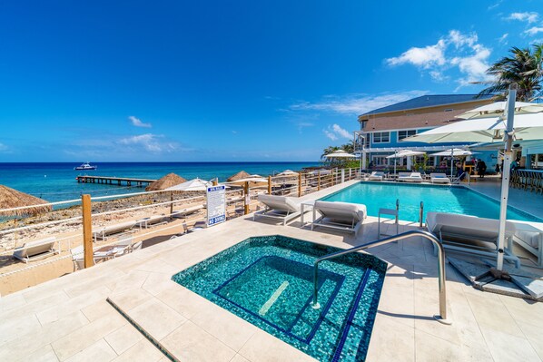 Outdoor pool, pool umbrellas, pool loungers
