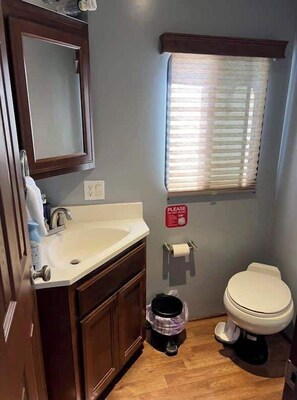 Shower, hair dryer, shampoo