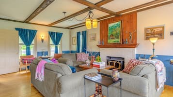 Smart TV, fireplace, books