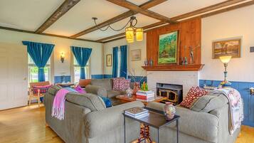 Smart TV, fireplace, books