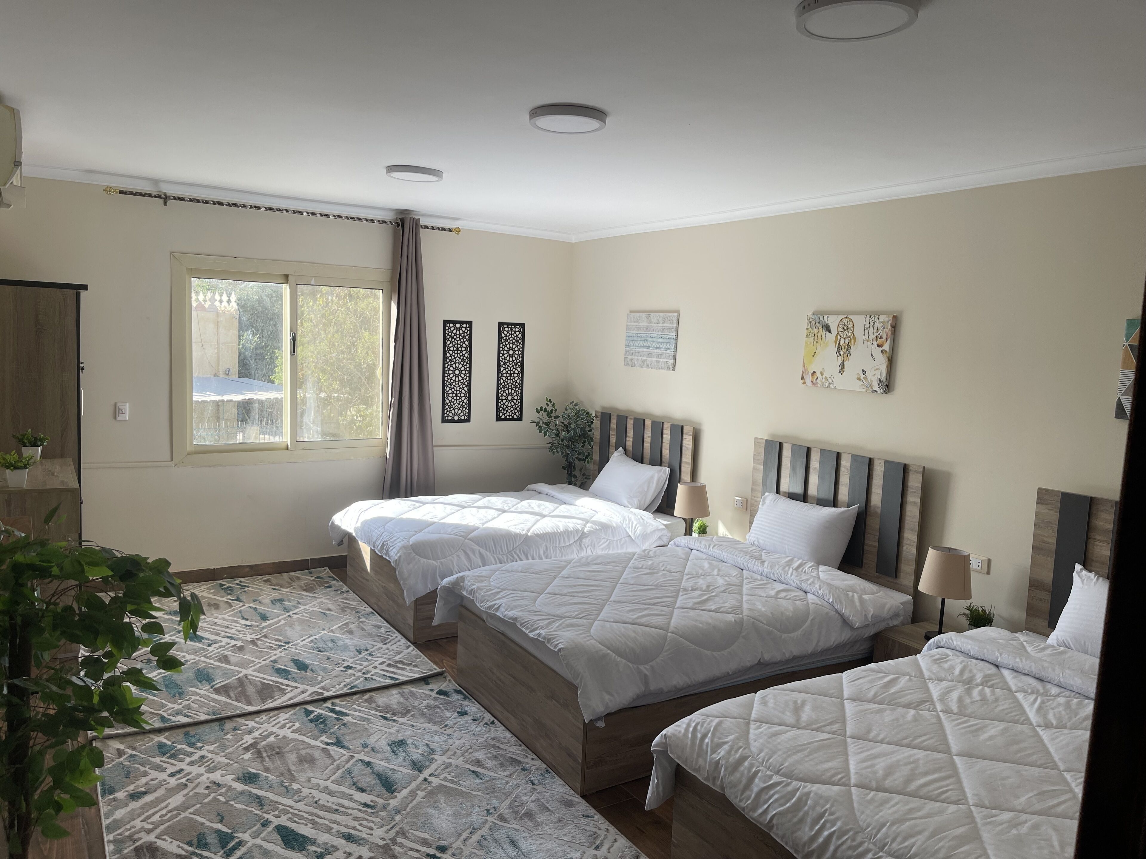 Un dormitorio con dos camas, una ventana y un tapete estampado.