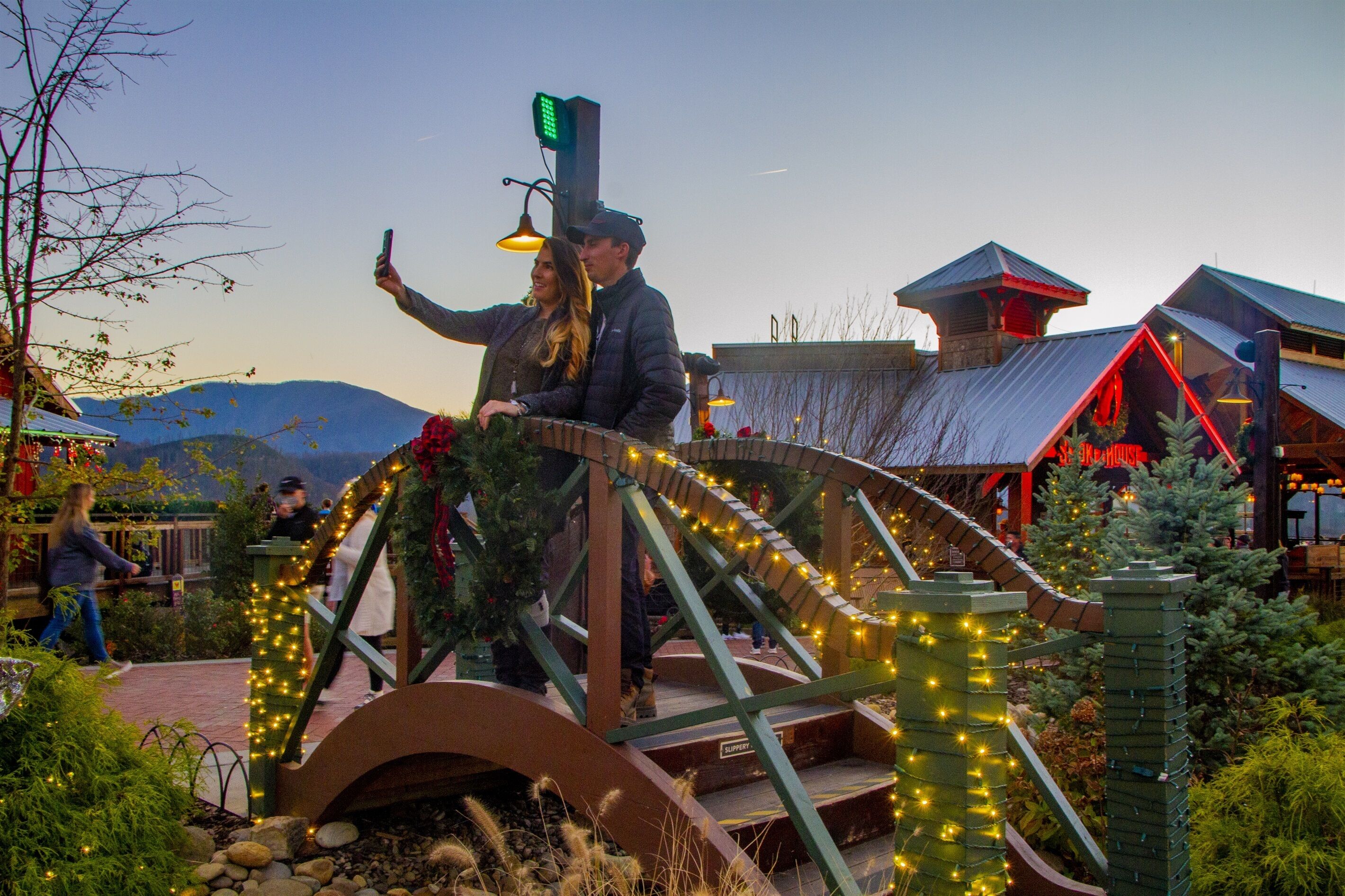 Un pont en bois rustique, doté d’une rambarde en métal vert et agrémenté de guirlandes lumineuses.