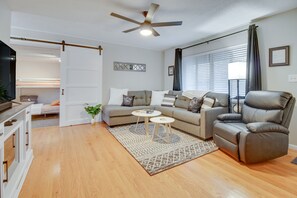 TV, fireplace, books