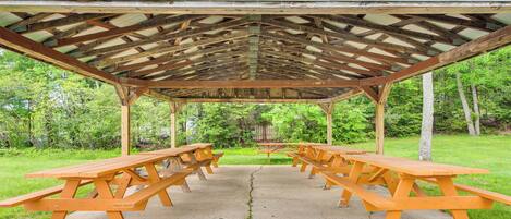 A covered picnic area with wooden benches and a concrete floor.