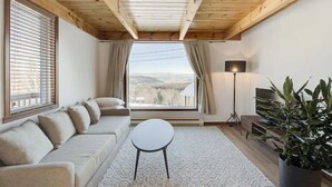Un salon chaleureux avec un plafond en bois, un canapé, une petite table, une lampe et une plante en pot.