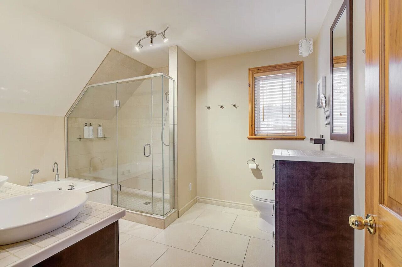 Een badkamer met een douche met glazen wand, een groot wastafel en een toilet.