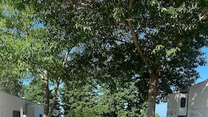 A gravel parking area with RVs and a car, surrounded by trees and a fence. - Eagle Lake RV Spot 50AMP, Private Boat Ramp (Vicksburg)