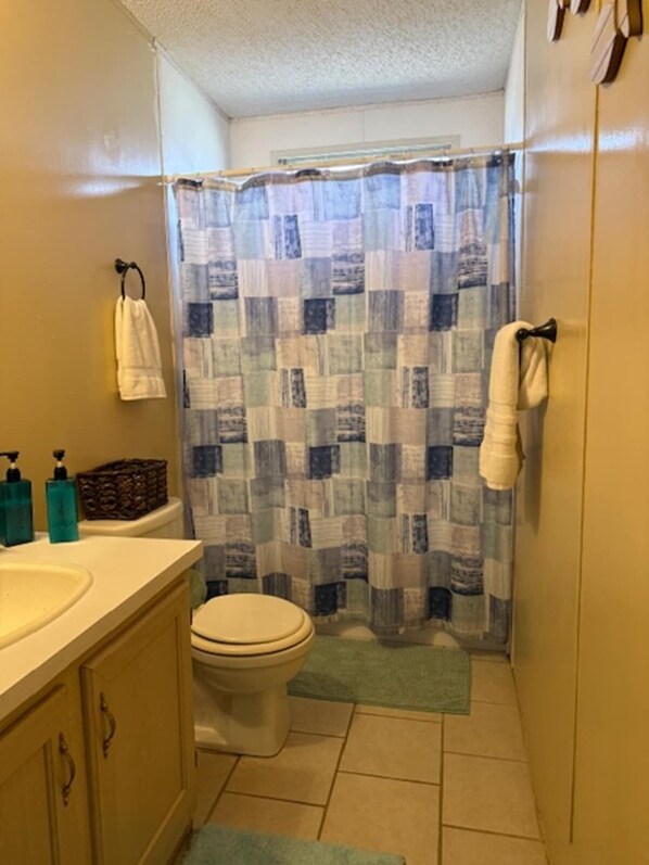 A bathroom with a toilet, sink, and a shower curtain.