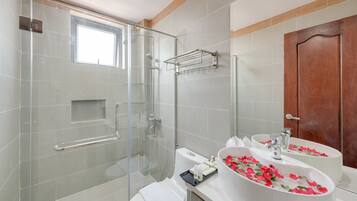 Hair dryer, towels, soap, shampoo