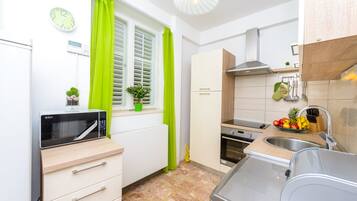 Frigorífico, microondas, horno y placa de cocina