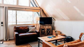 Smart TV, fireplace, DVD player, books