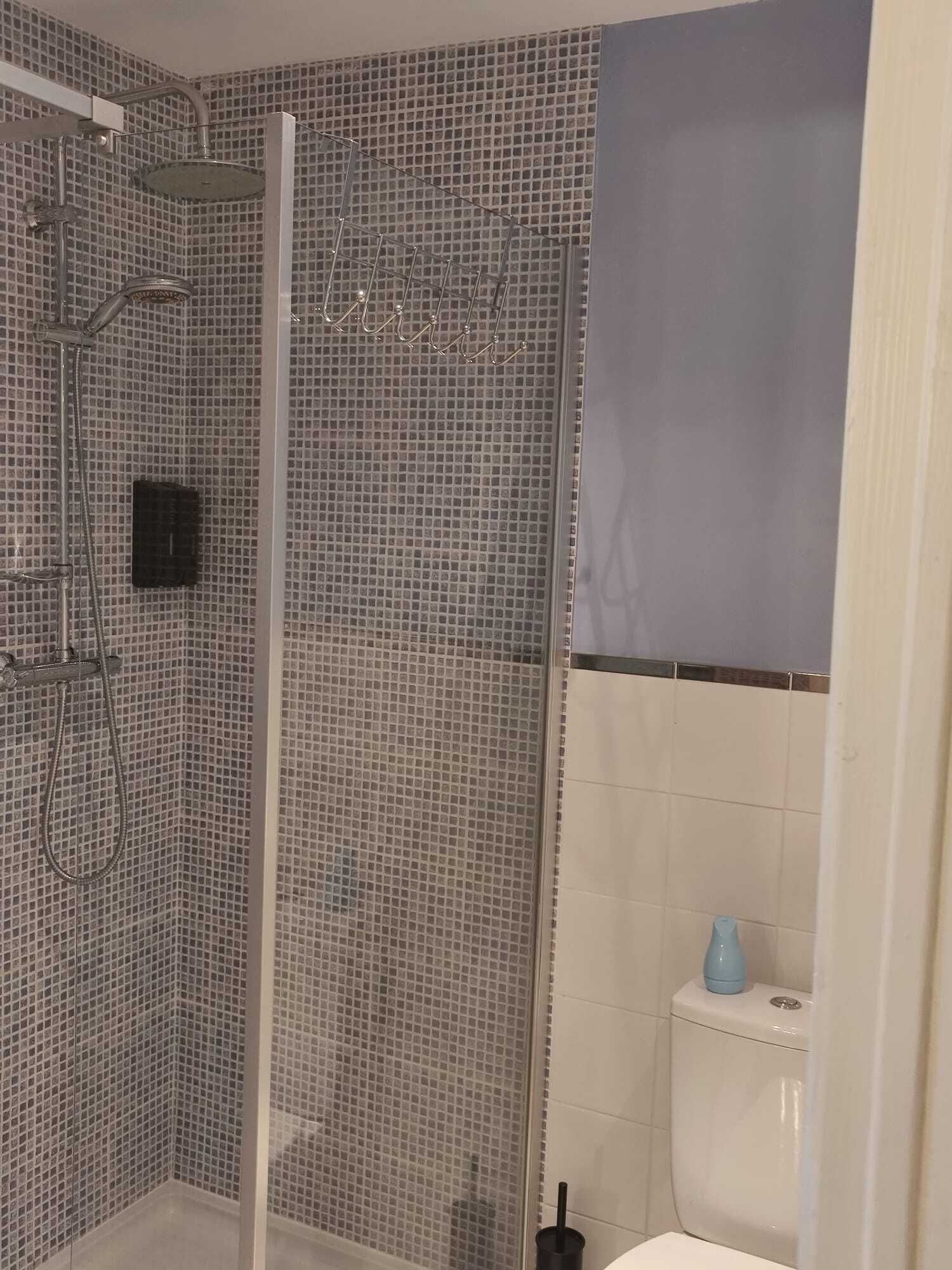 Une salle de bain équipée d’une douche, de toilettes et d’un lavabo.
