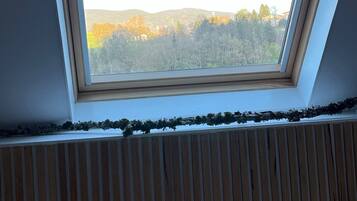 Ett rum med ett takfönster, träribbor på väggen och utsikt över träd och kullar.