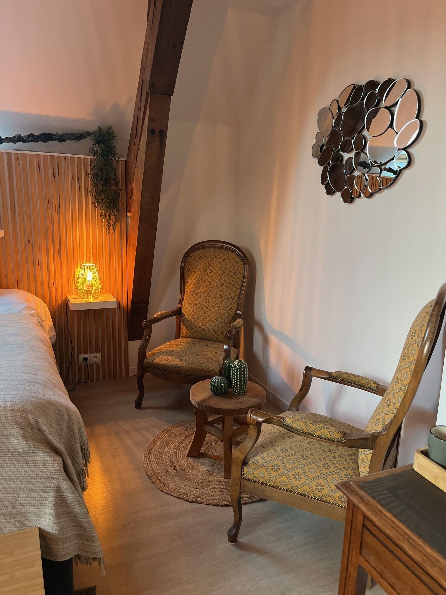 Une pièce confortable avec un lit, deux fauteuils, une petite table agrémentée d’objets décoratifs, un miroir fixé au mur et une plante suspendue.