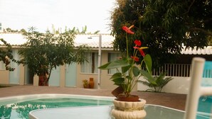 A swimming pool with a potted plant in the center, surrounded by greenery and a building with a tiled roof.