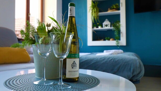 Een fles Sylvaner wijn op een tafel met twee glaasjes, omringd door planten.