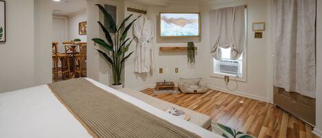 Una habitación de hotel moderna con una cama grande, suelo de madera, televisión, planta y un rincón de descanso acogedor.