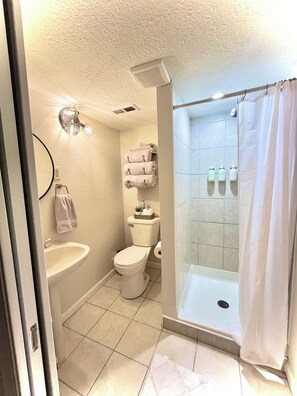 Douche, séchoir à cheveux, serviettes fournies, savon