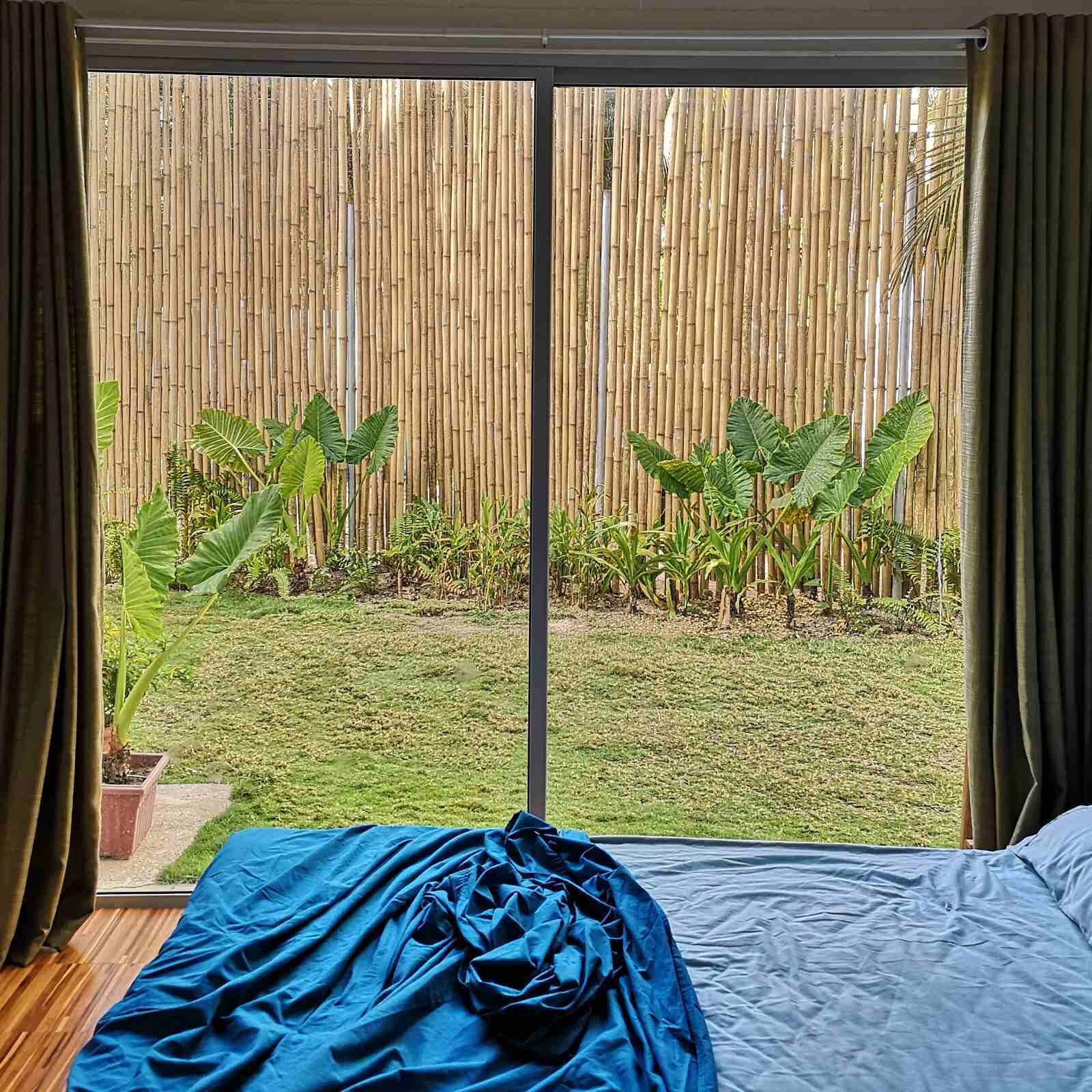 A room with a bed, a large window, and a view of a bamboo fence and garden.
