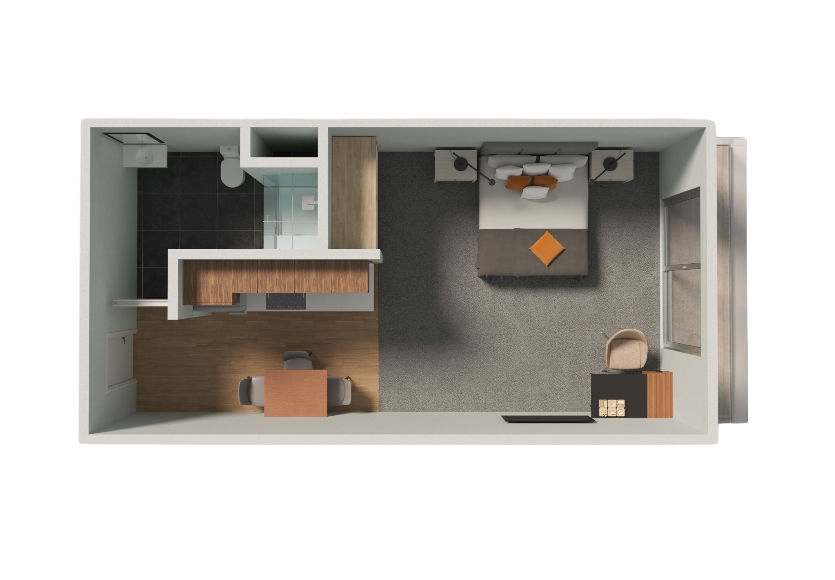 A modern kitchen with a wooden countertop, a built-in oven, and a sink. There is a dining area with a table and chairs.
