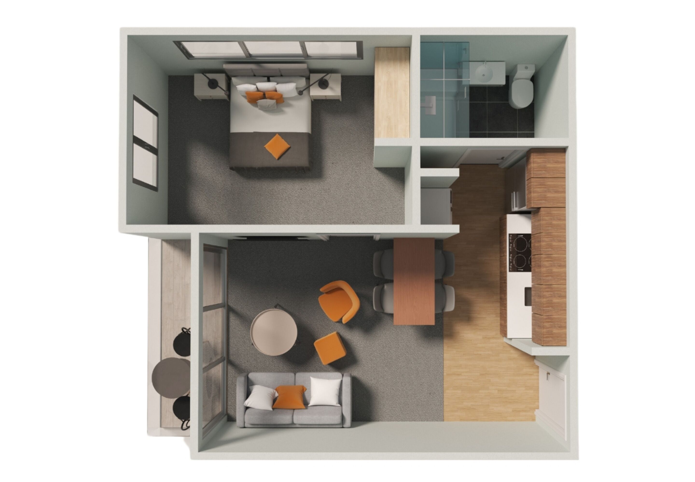 A modern apartment layout with a living room, dining area, kitchen, and bathroom.