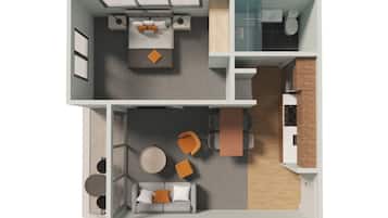 A modern apartment layout with a living room, dining area, kitchen, and bathroom.