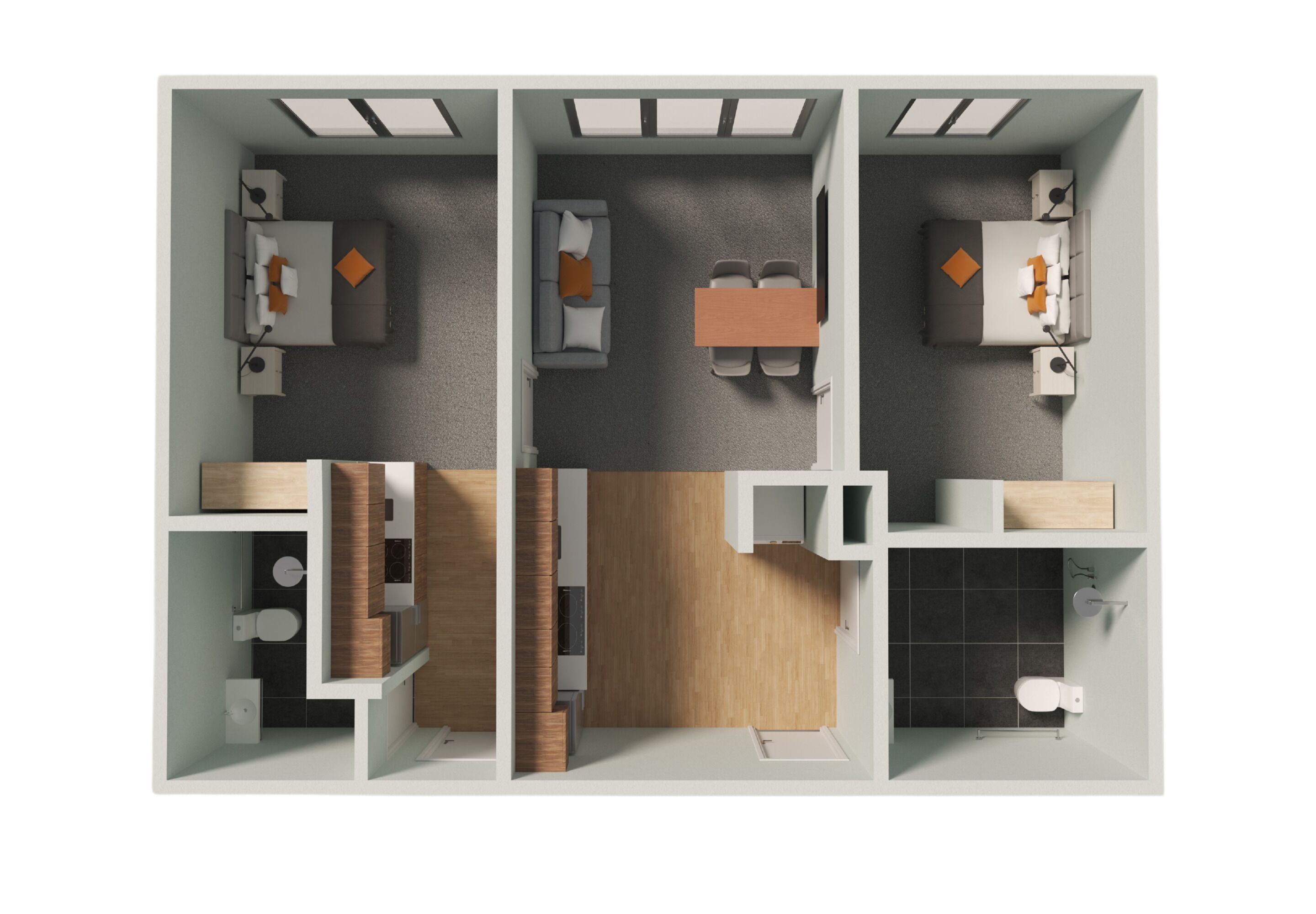 Habitación de hotel moderna con sala de estar separada, una mesa de comedor, sofá y baño.