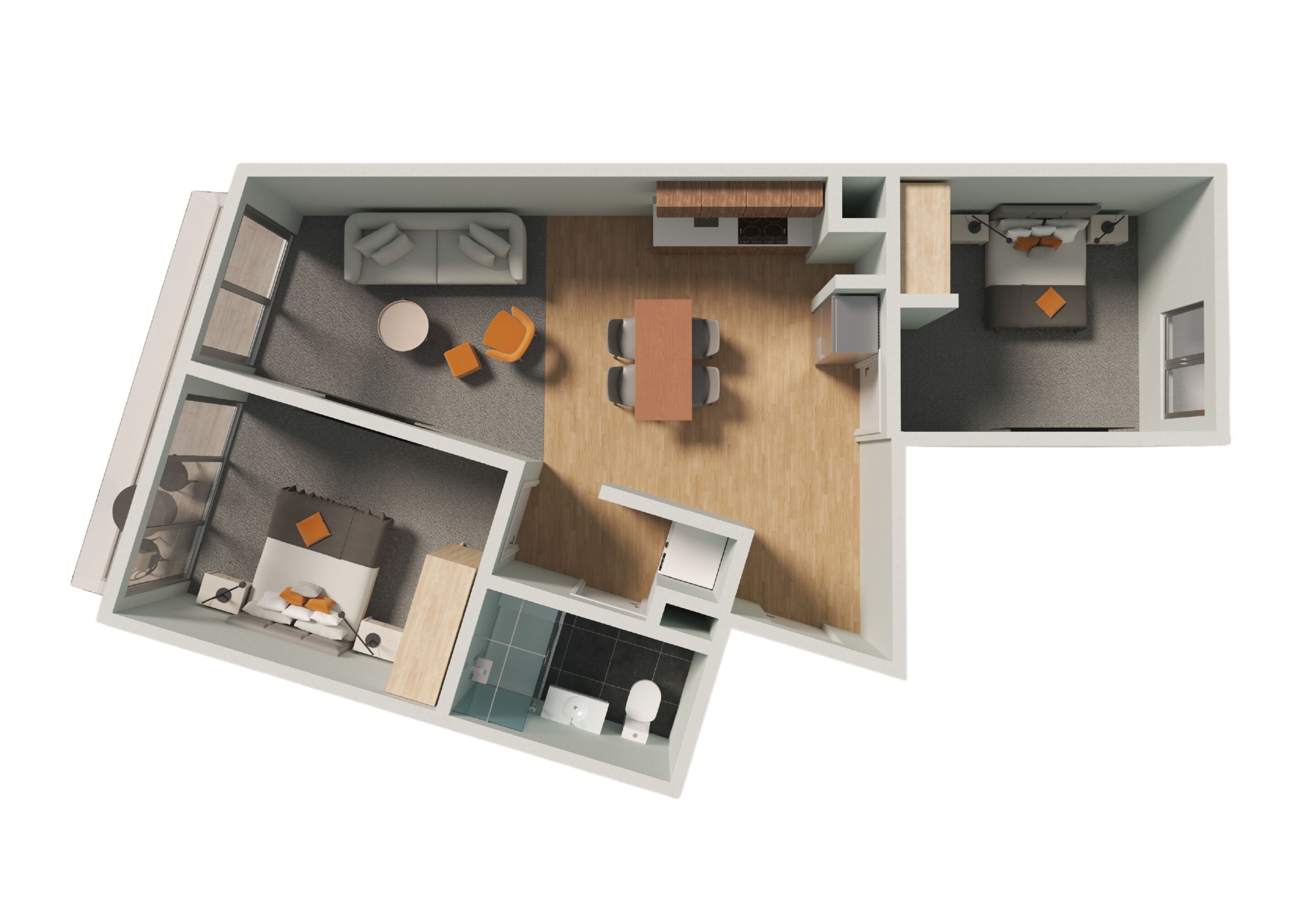 A 2D floor plan of a hotel room with a living area, a dining table, a kitchen, and a bathroom.